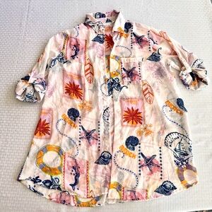 Live 4 Truth Beach Print Button Up Shirt Women XL Coastal Nautical Tropical